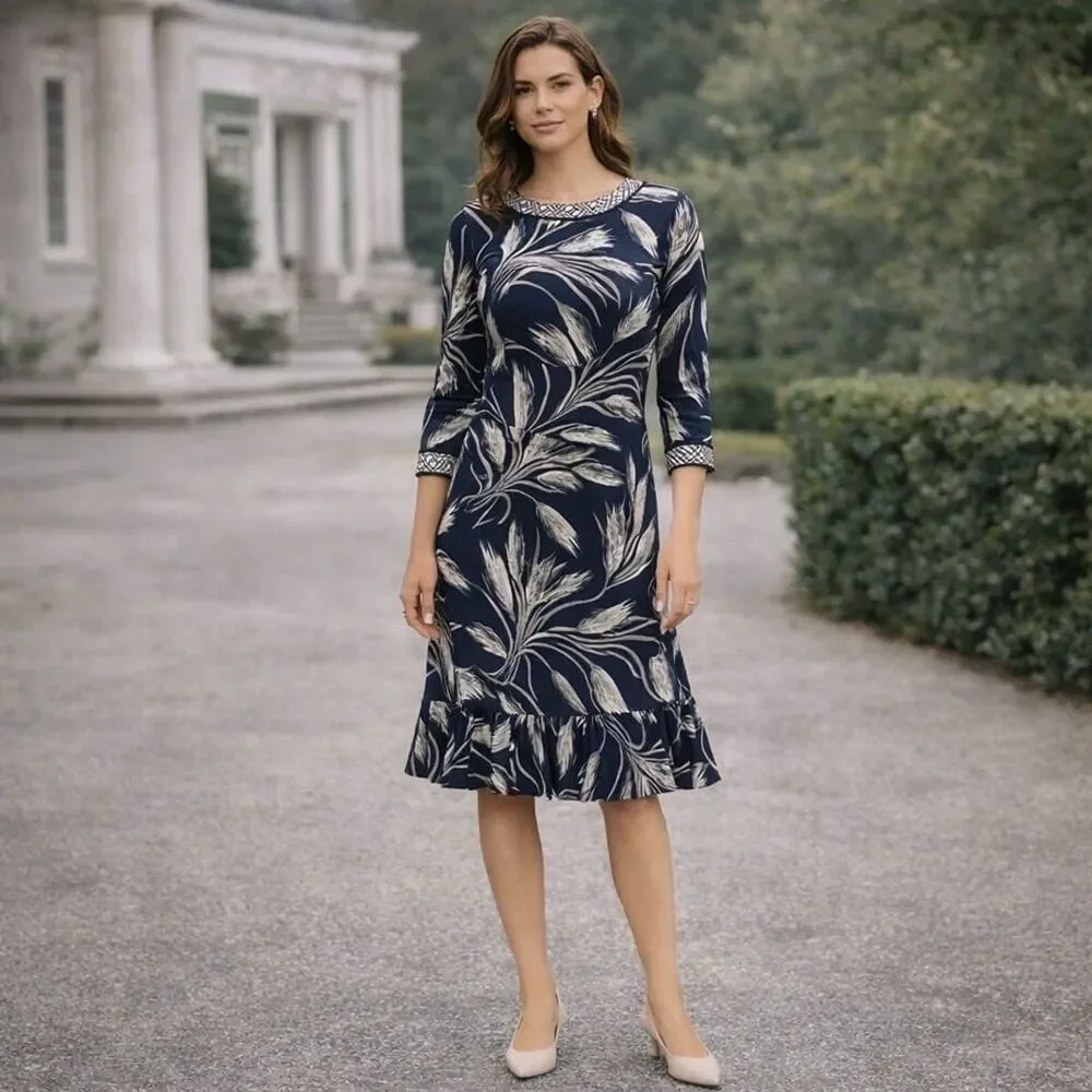 TORY BURCH Women’s Dress MEDIUM 100% SILK Floral Navy Gray Flounce Hem 11132405